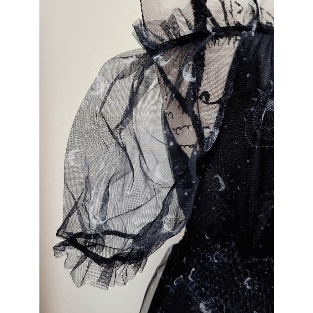 Off Shoulder Goth Witch Moon Print Contrast Mesh Flared Shirred Dress L NWT - Picture 10 of 16